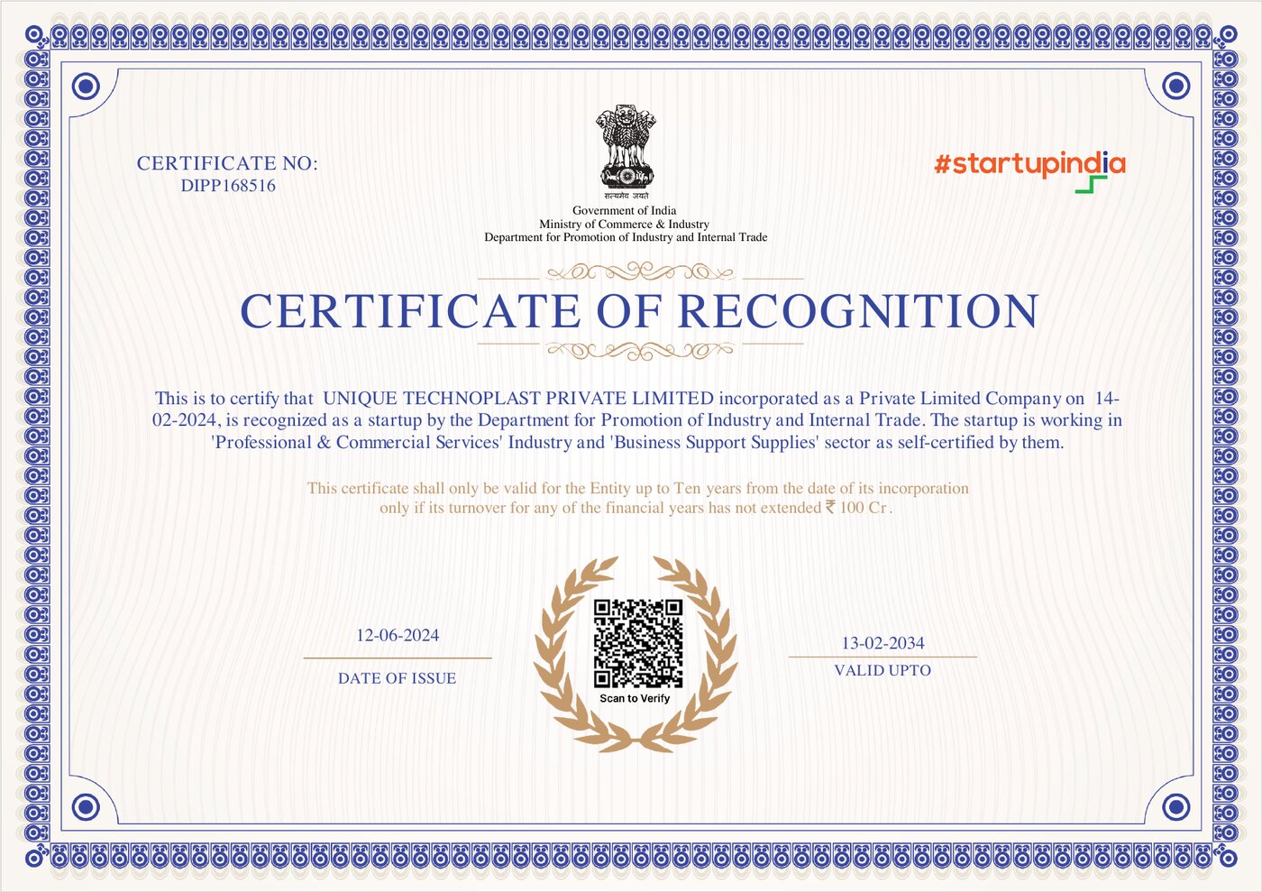 Certificate of Recognition issued to Unique Technoplast Private Limited by DPIIT under Startup India